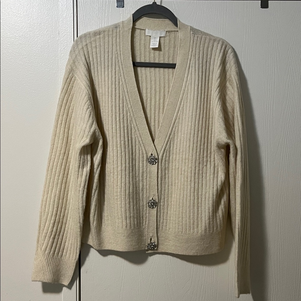 H&M Cream Ribbed Women's Cardigan with Rhinestone Buttons Large